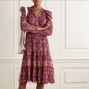 ULLA JOHNSON ALESSANDRA SILK FLORAL MIDI DRESS -WINE Silk Size 0